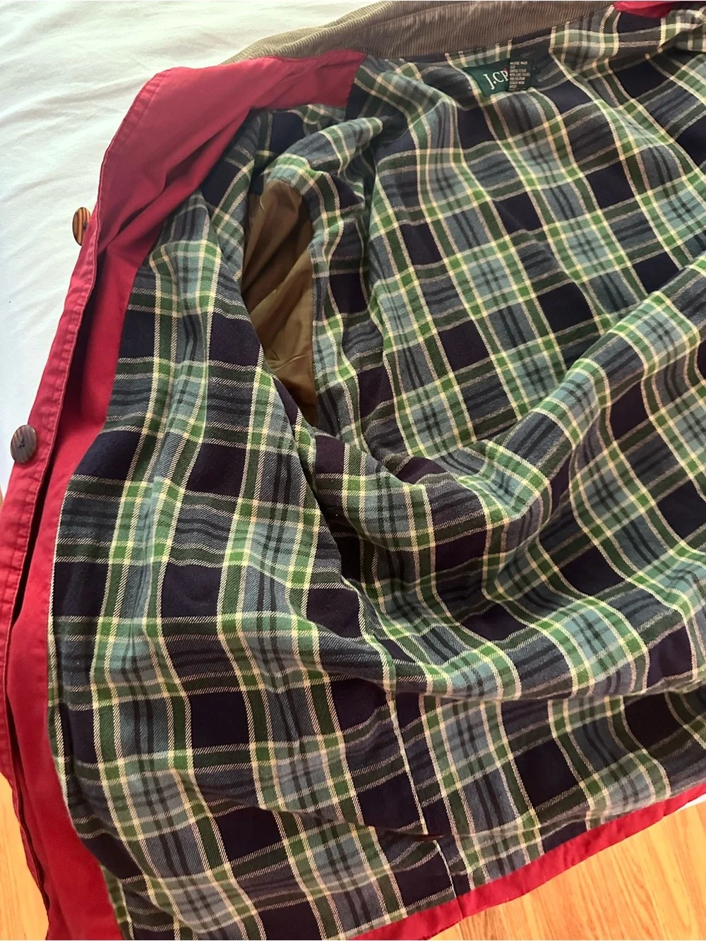 J. Crew Vintage Mens Red Barn Jacket with Brown Corduroy Collar - Size Medium